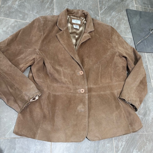 Covington Women’s 100% Suede Brown Beige Leather Blazer Jacket Vtg 90s Sz 20-22W - Picture 6 of 9